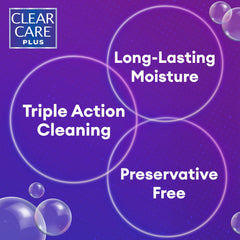 Clear Care Plus triple action cleaning shows dirt and protein reduction in use.