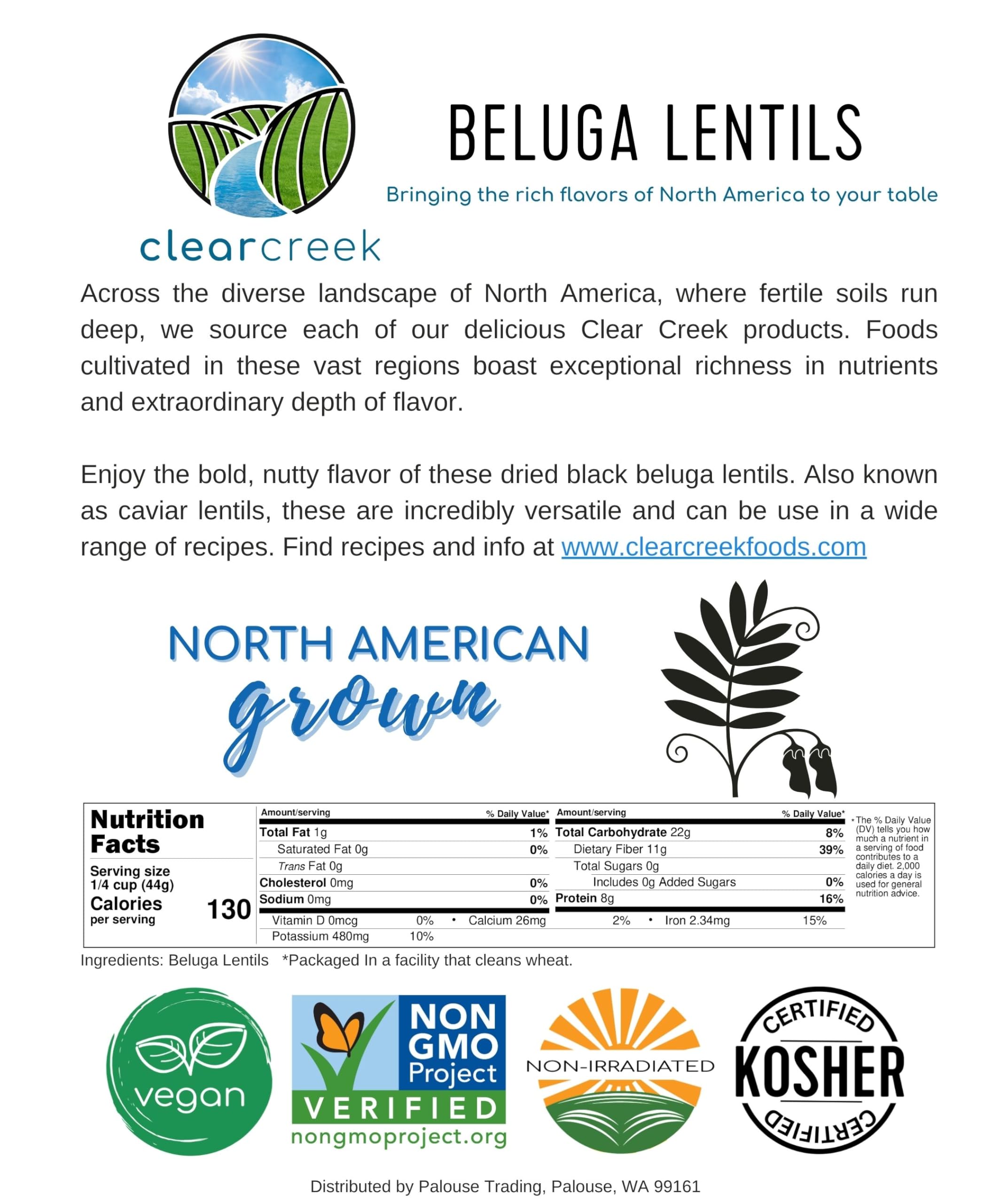 CLEAR CREEK lentils packaging, non-GMO and Kosher certified for quality.