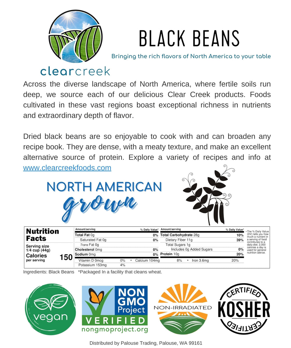 Clear Creek cooked black beans served with rice, a ready-to-heat meal option.