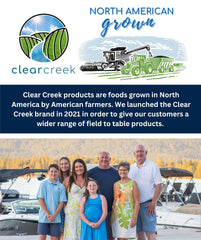 Clear Creek vegan and kosher certified beans icons indicating safe processing.