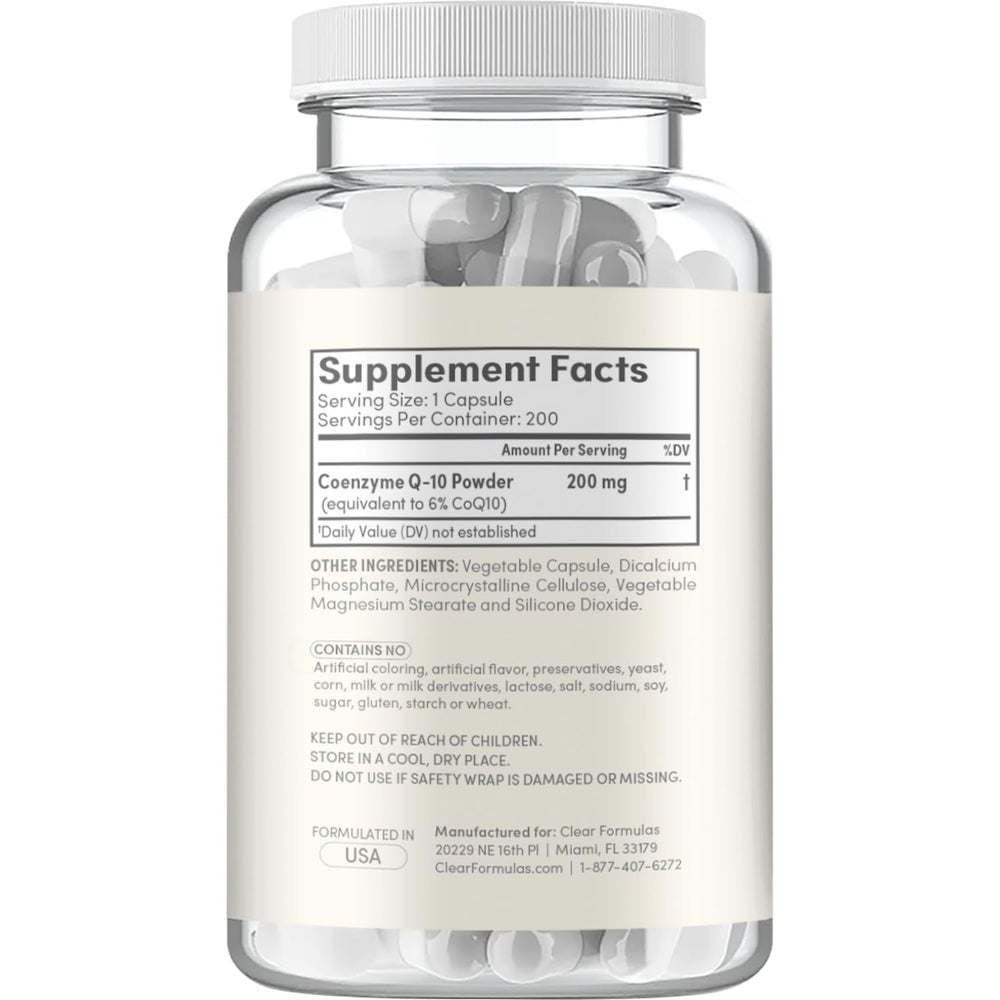 Clear Formulas aging-support concept shown with CoQ10 capsules