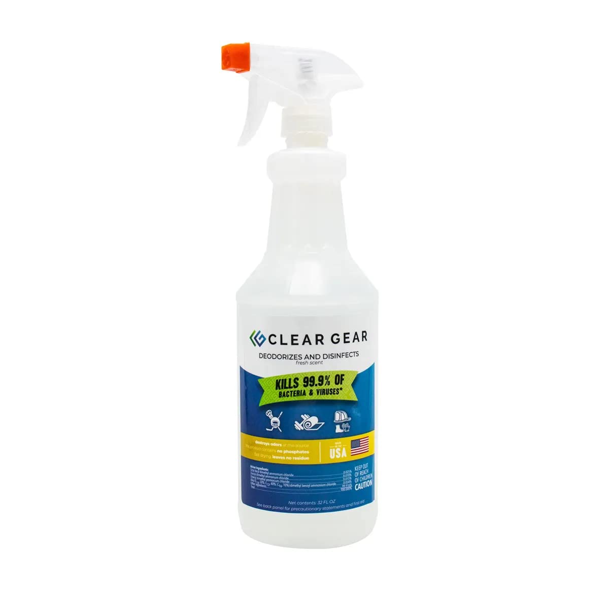 Clear Gear disinfectant bottle dispense for fast on-the-go sanitizing of sports gear