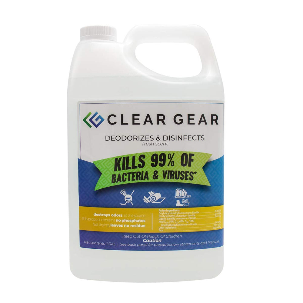 Clear Gear bottle front, EPA-registered disinfectant for gym gear