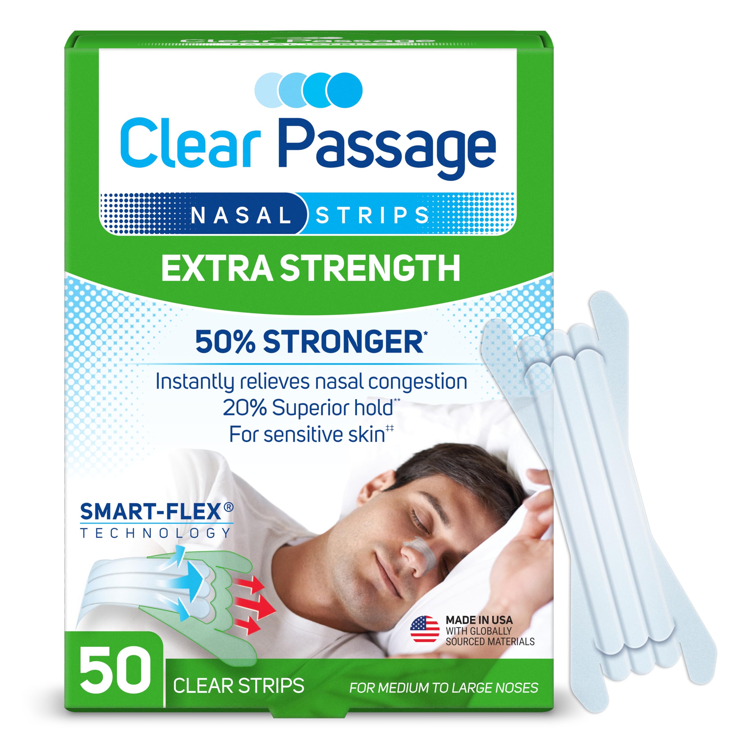 Clear Passage nasal strip applied to the nose for instant airflow improvement.