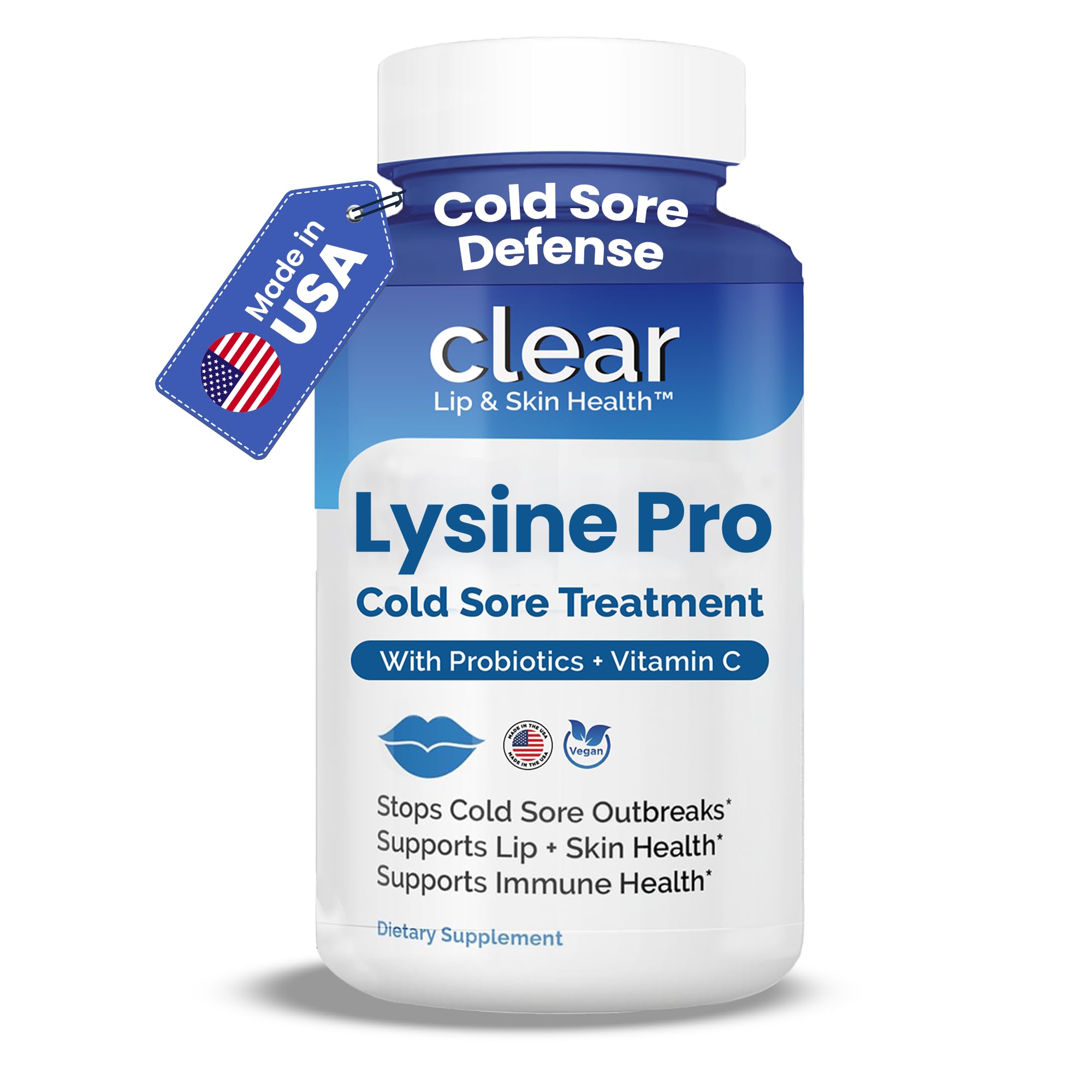 Clear Probiotics Lysine Capsules bottle supports daily lip and gut health.