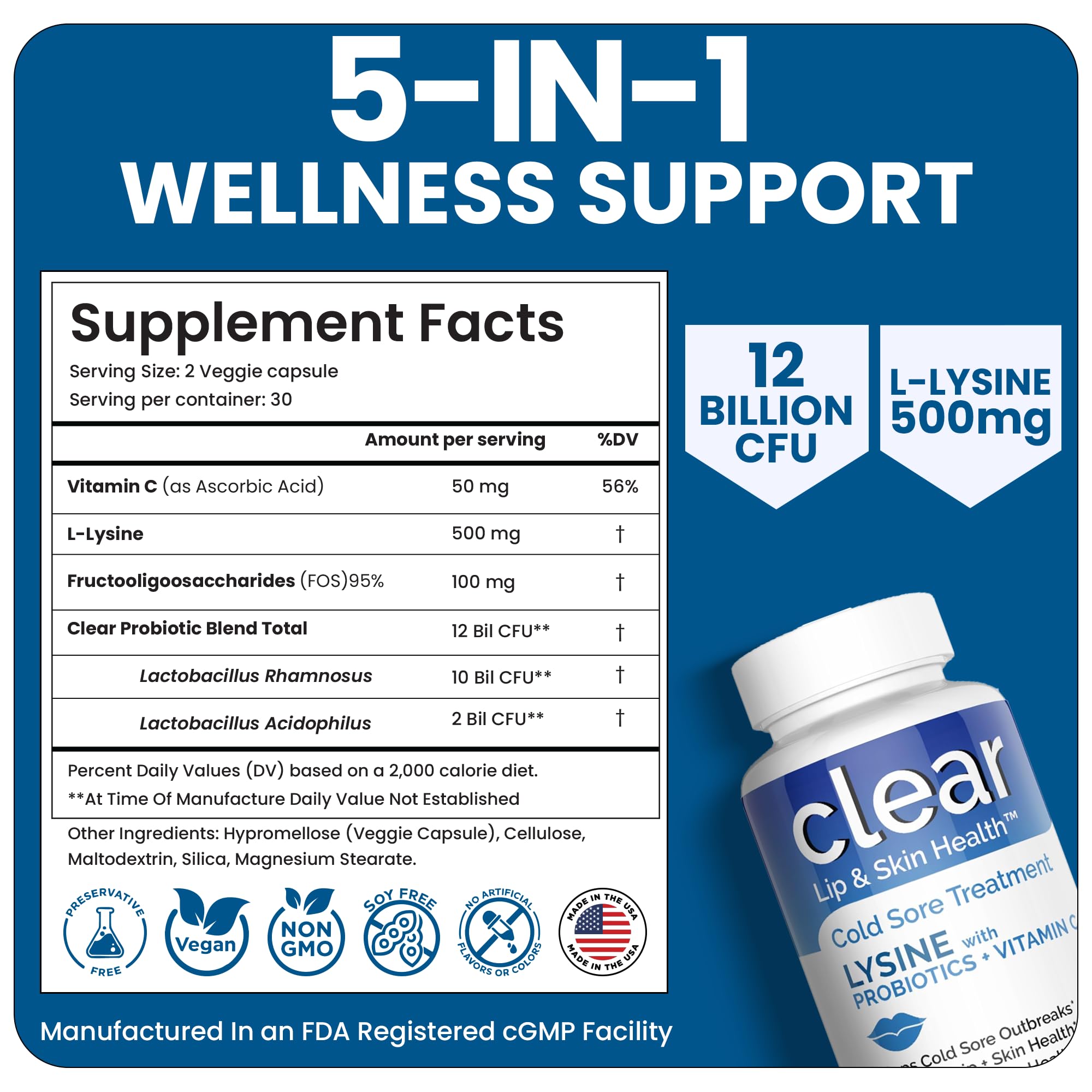 Clear Probiotics Lysine Capsules bottle emphasizes trusted quality and care.