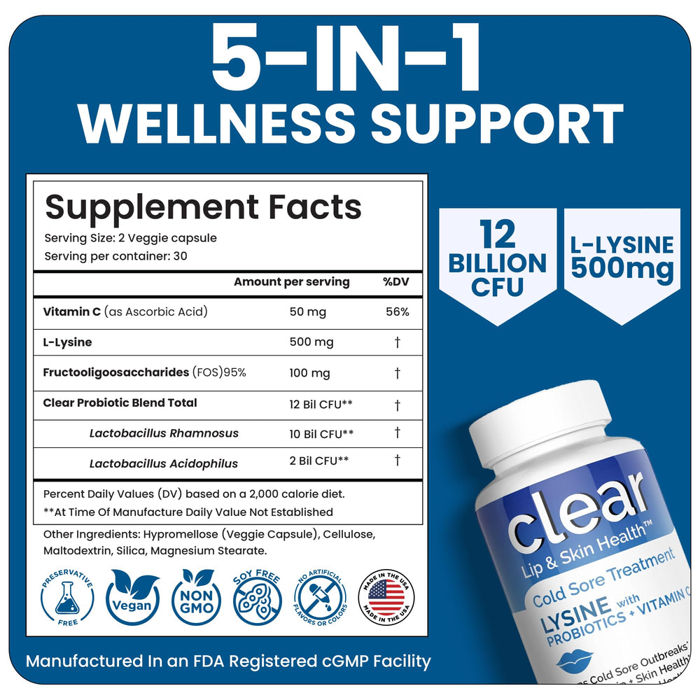 Clear Probiotics Lysine Capsules bottle emphasizes trusted quality and care.