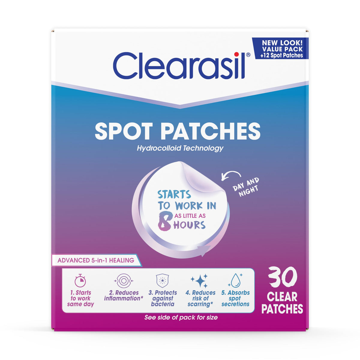 Clearasil Day Night Spot Patches packaging close-up showing easy, protective acne care.