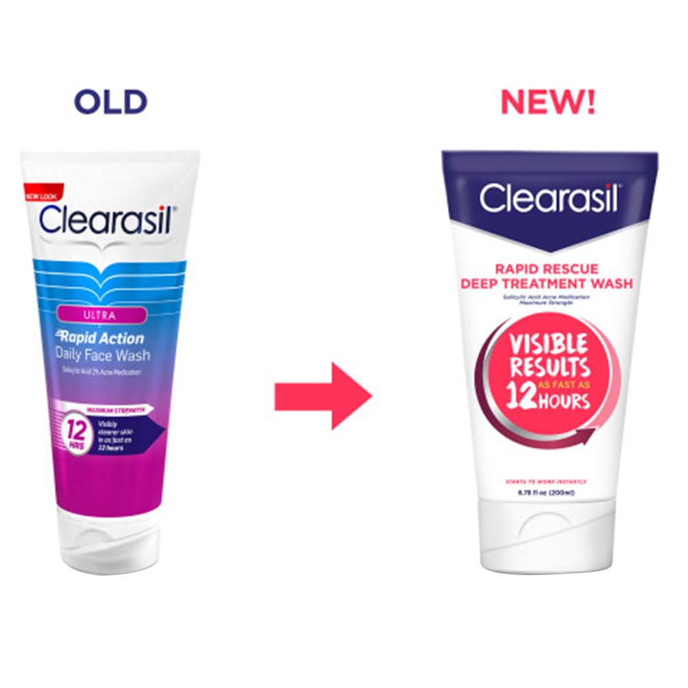 Product packaging displaying Clearasil Rapid Rescue Deep Treatment Wash branding