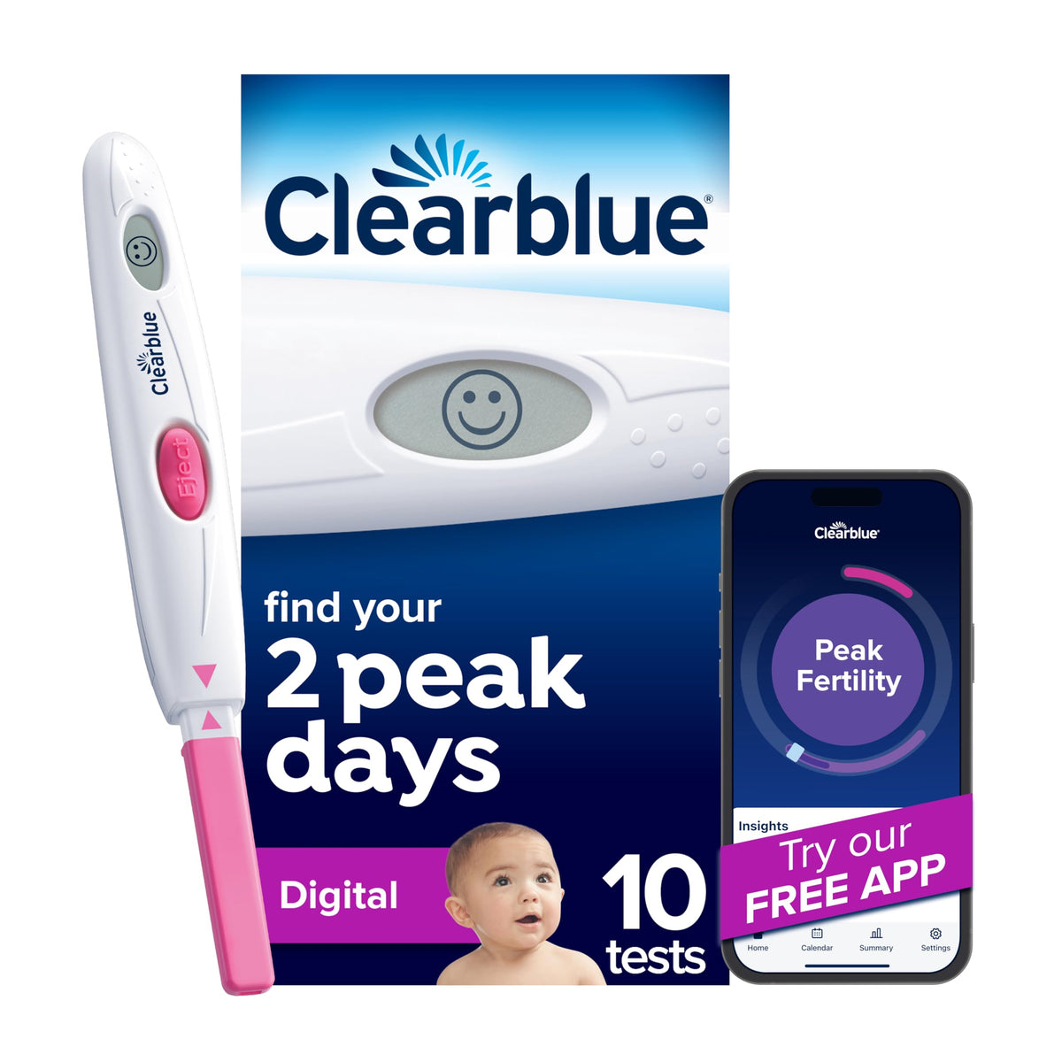 Clearblue Digital Ovulation Test reader showing peak fertility smiley.