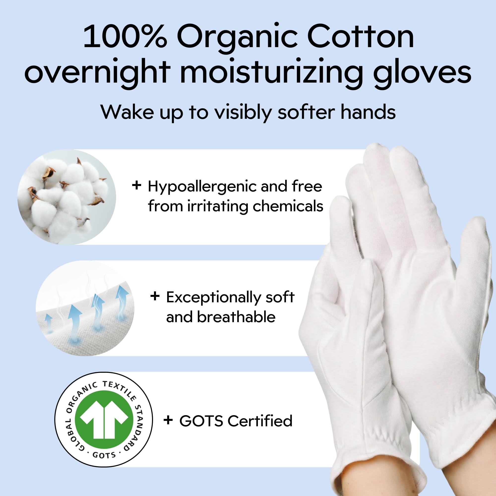 Clearbody Organics breathable cotton gloves showing soft fabric for irritation-free wear.