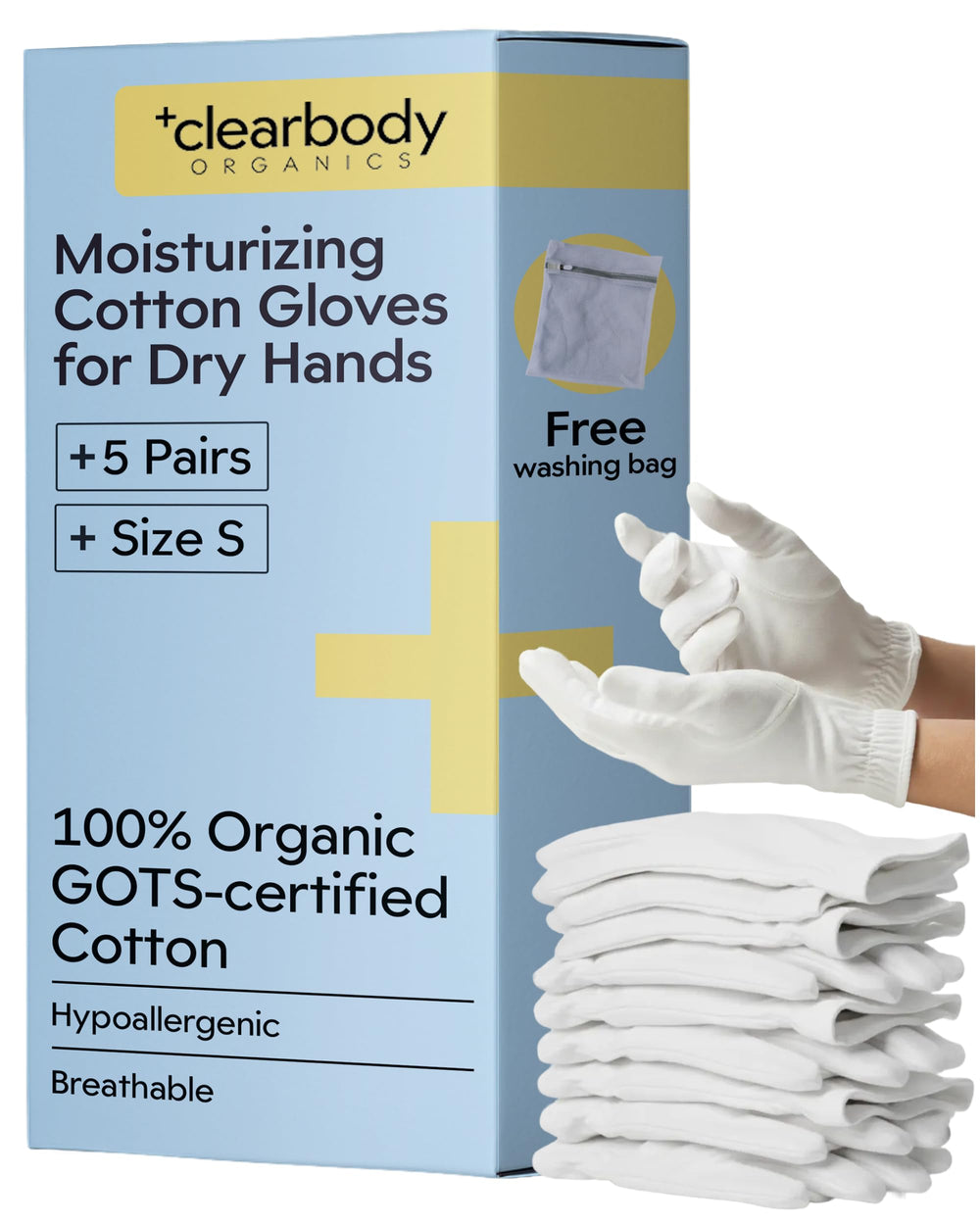 Clearbody Organics sleeping gloves for overnight moisture retention on dry hands.