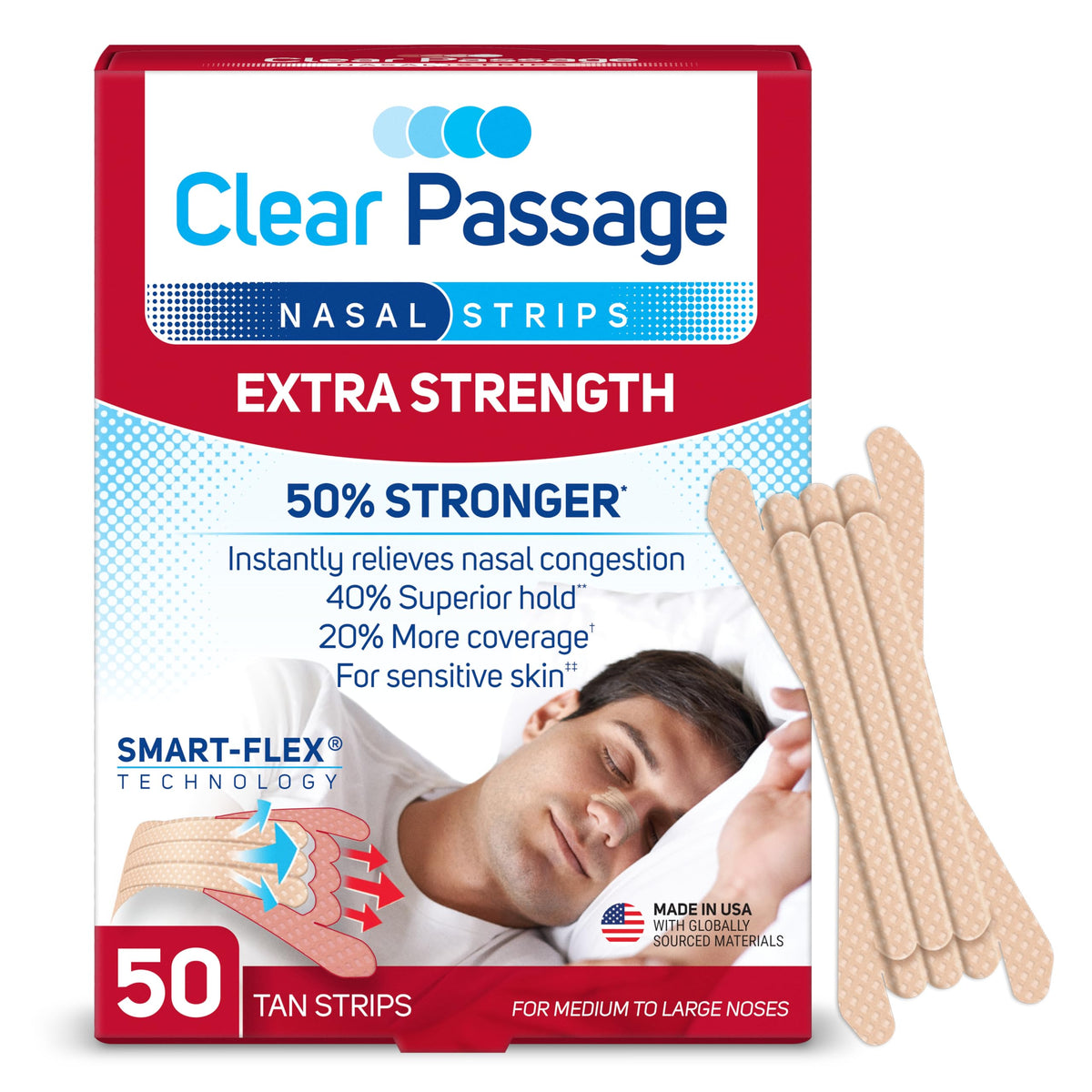 Clear Passage nasal strip extra-strength tan on the nose bridge for easier breathing