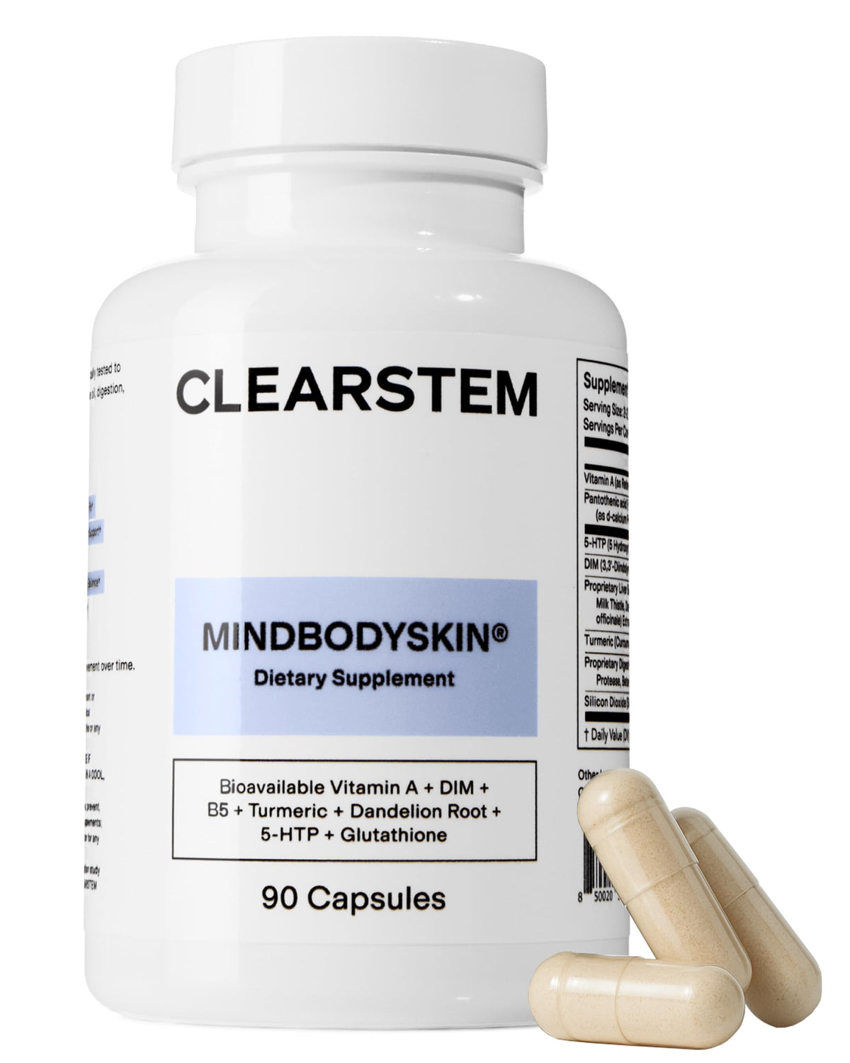 CLEARSTEM MindBodySkin bottle front promoting balance for clearer skin