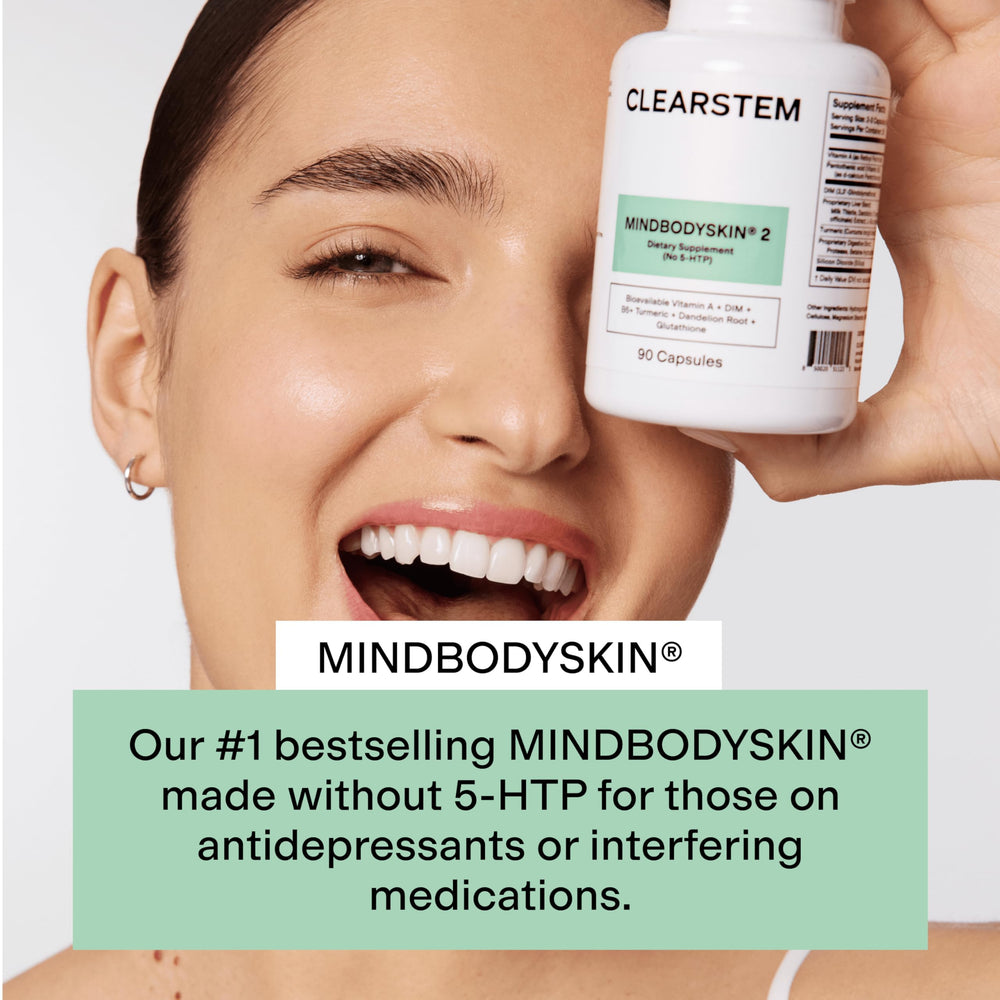 CLEARSTEM MindBodySkin bottle front highlighting gluten-free and cruelty-free vitamins.