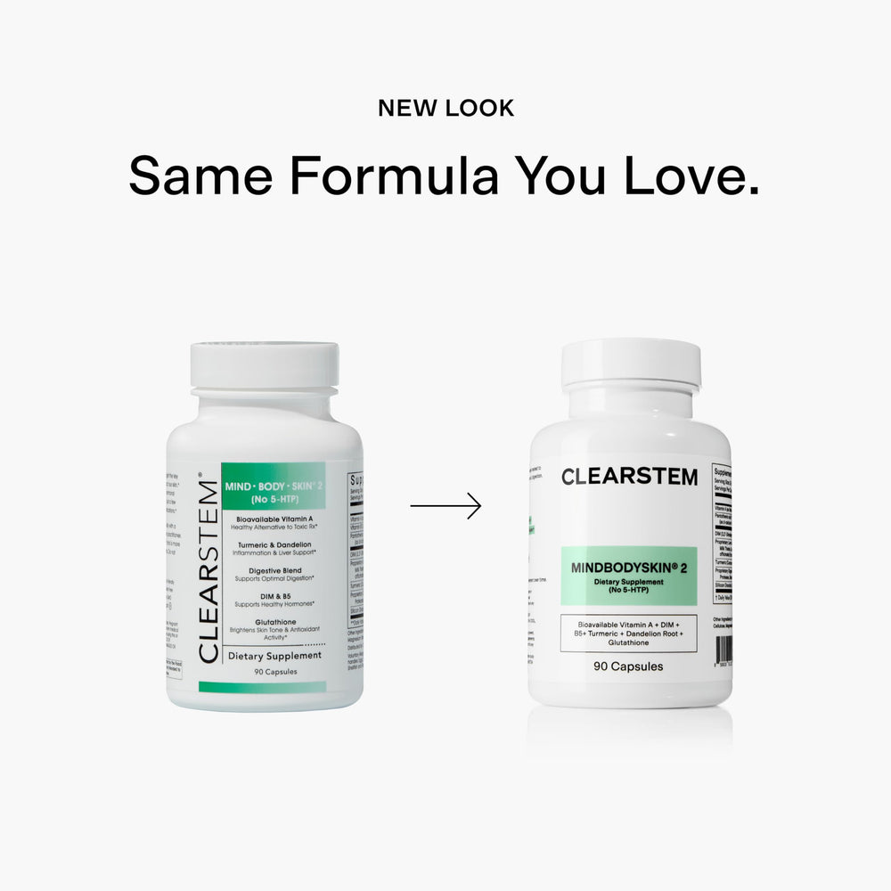 CLEARSTEM MindBodySkin label detail featuring DIM and antioxidants for skin health.