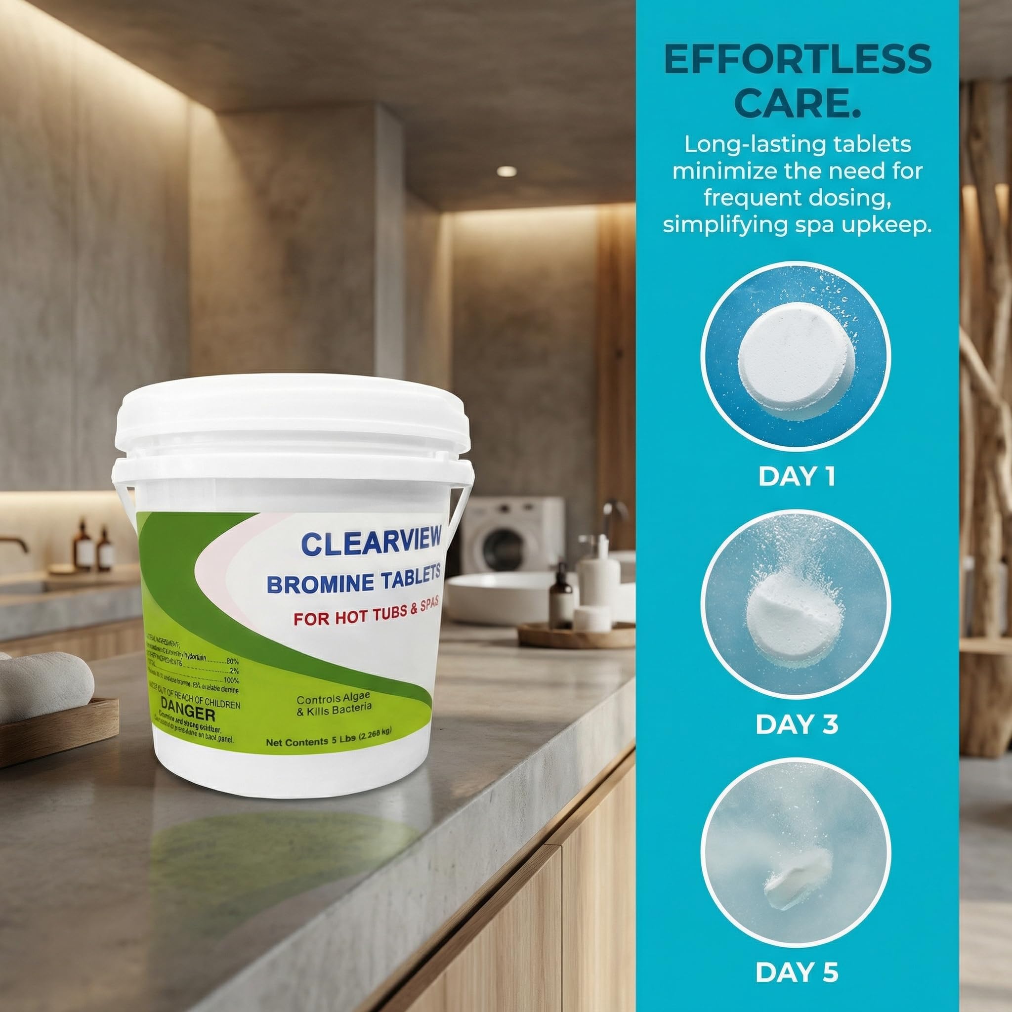 CLEARVIEW bromine tablets bottle with spa setup ready for maintenance