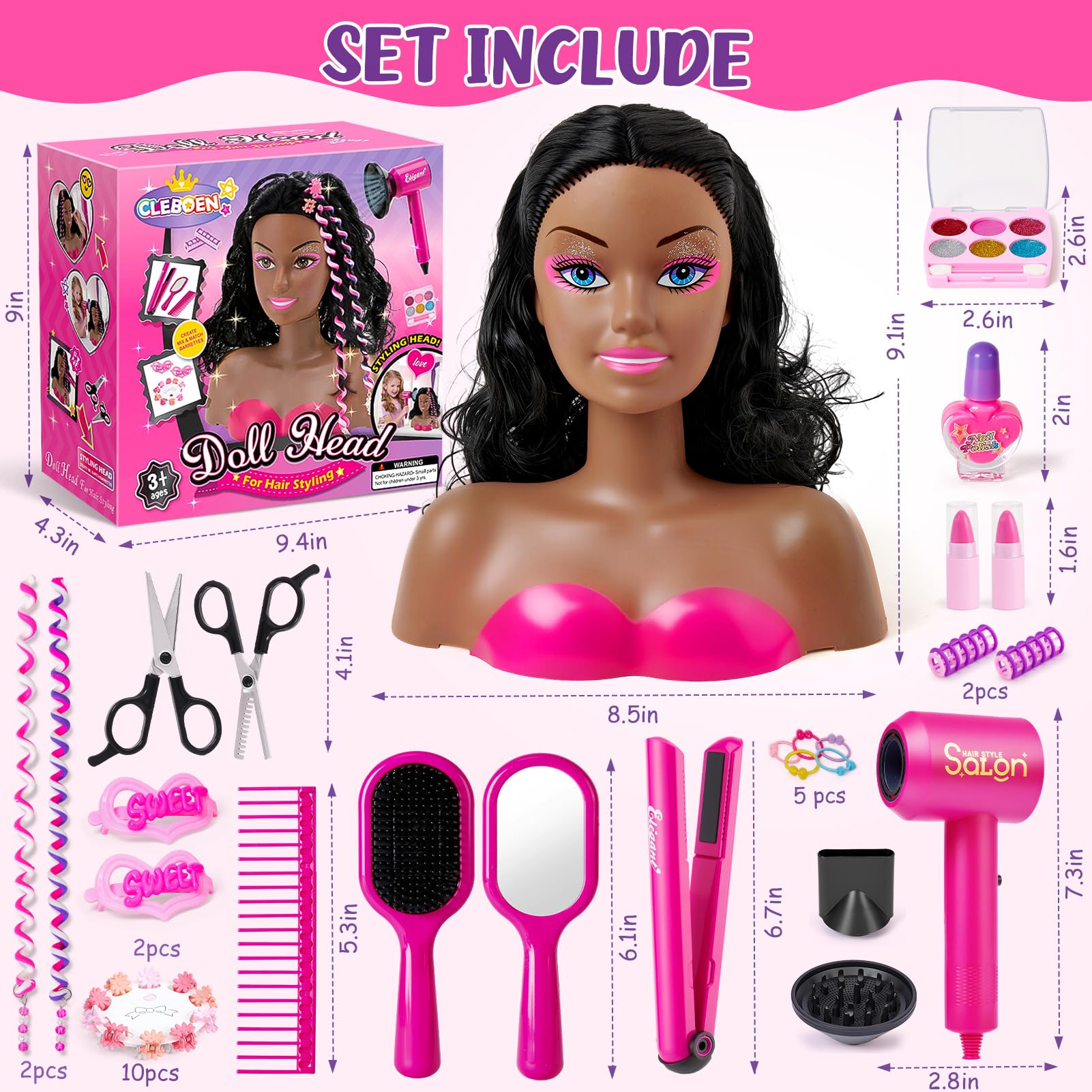 Cleboen doll head face closeup showing detailed features and rooted hair for styling.