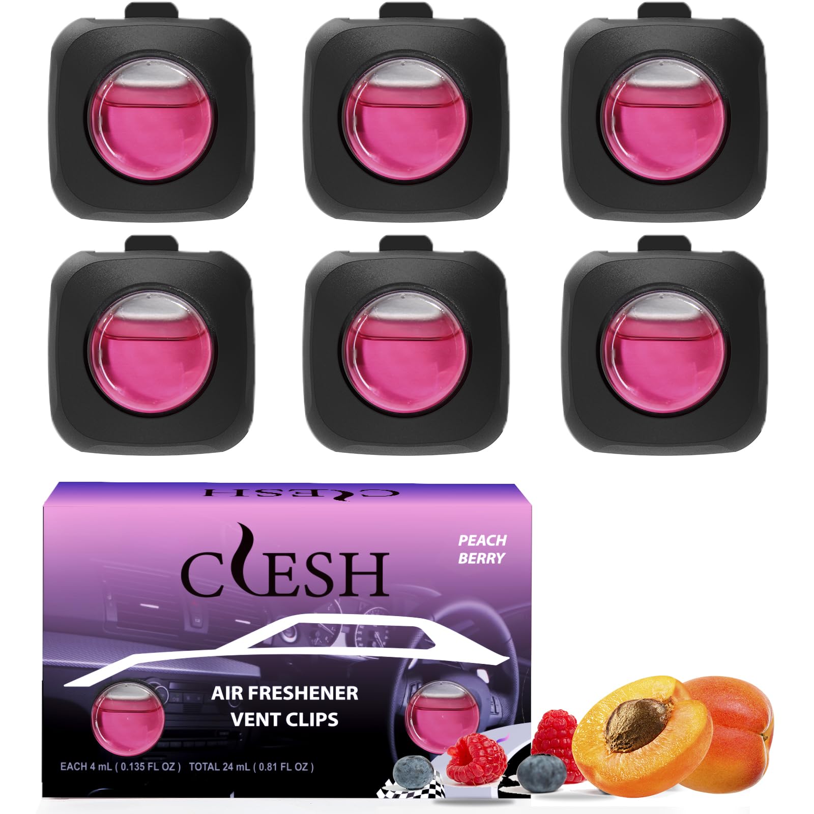 CLESH Peach Berry 6-pack box with six vent clips for steady car scent.