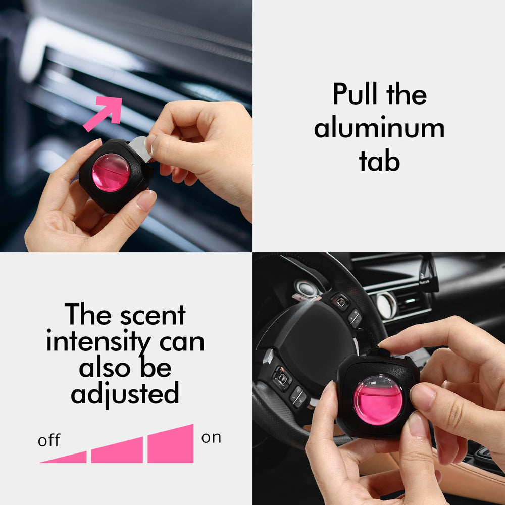 Vent clip inserted into car vent releasing Peach Berry aroma.