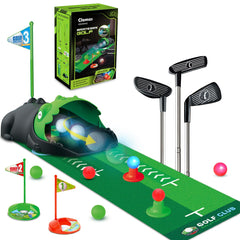 Clemas kids toy golf set front view with dinosaur returner for home play.