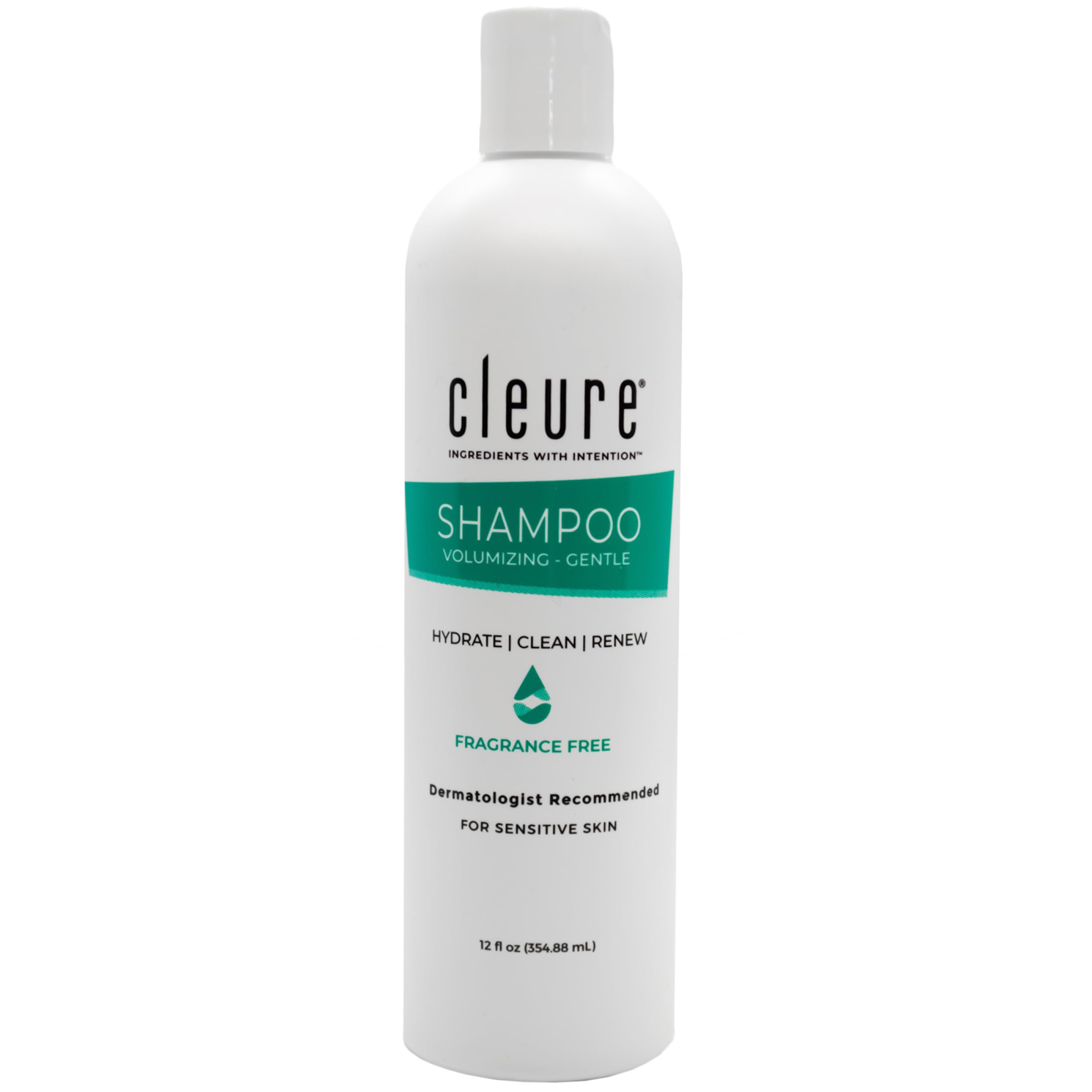 Cleure hypoallergenic volumizing shampoo bottle highlighting fragrance-free formula for sensitive skin
