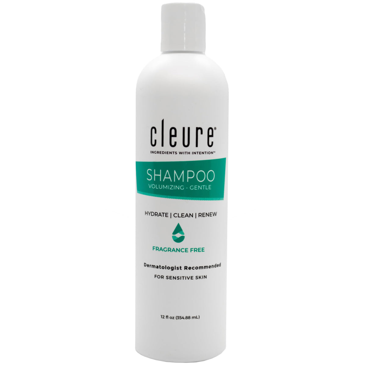 Cleure hypoallergenic volumizing shampoo bottle highlighting fragrance-free formula for sensitive skin