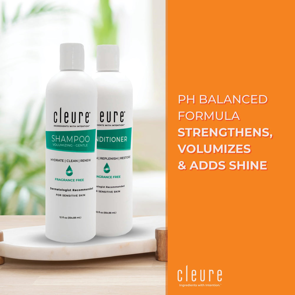Cleure hypoallergenic volumizing shampoo label showing gentle, pH-balanced formula for scalp comfort