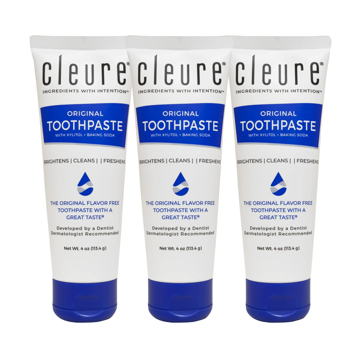 Cleure Original No Fluoride toothpaste tube on white surface for sensitive teeth care.