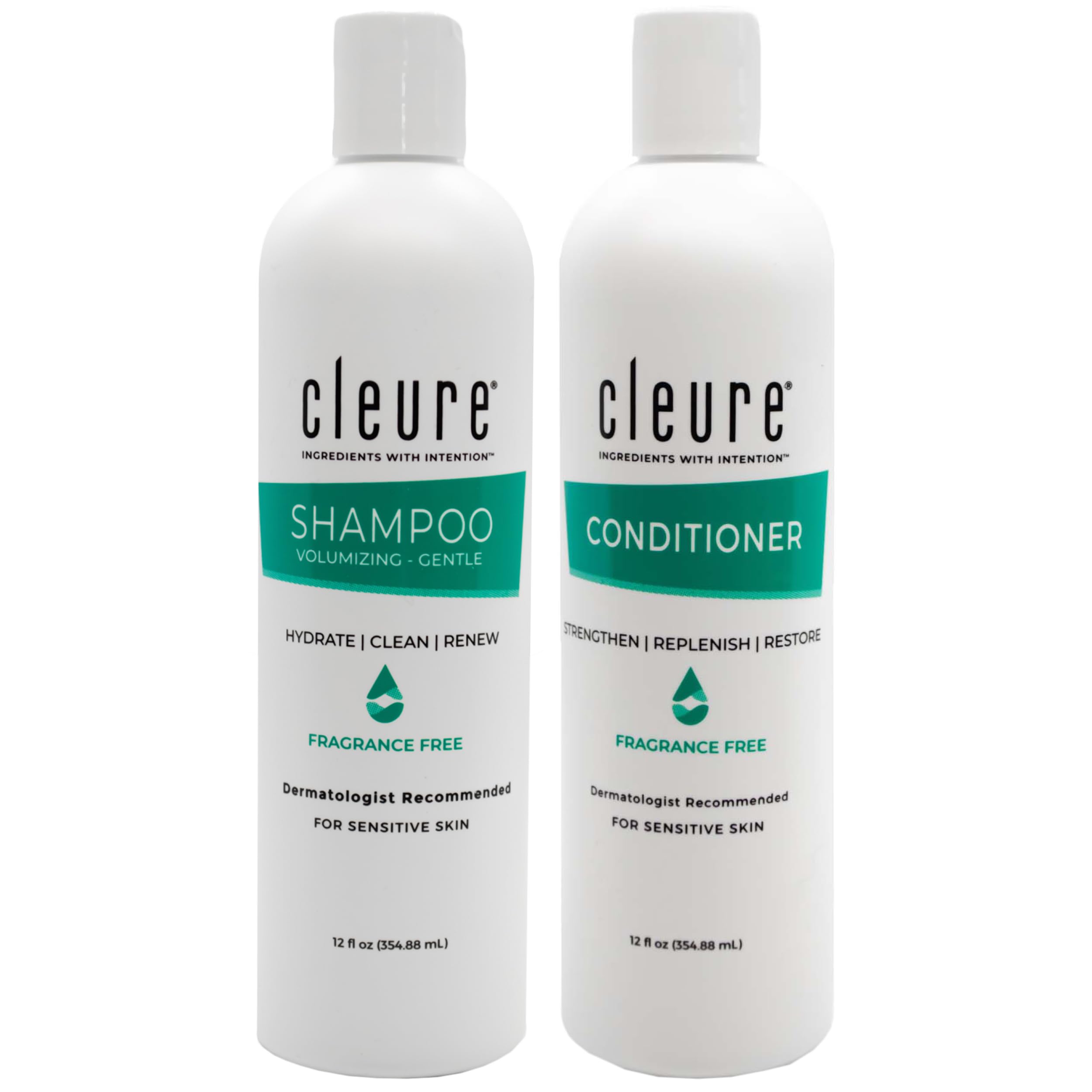 Cleure shampoo bottle pour with fragrance-free formula for sensitive skin.