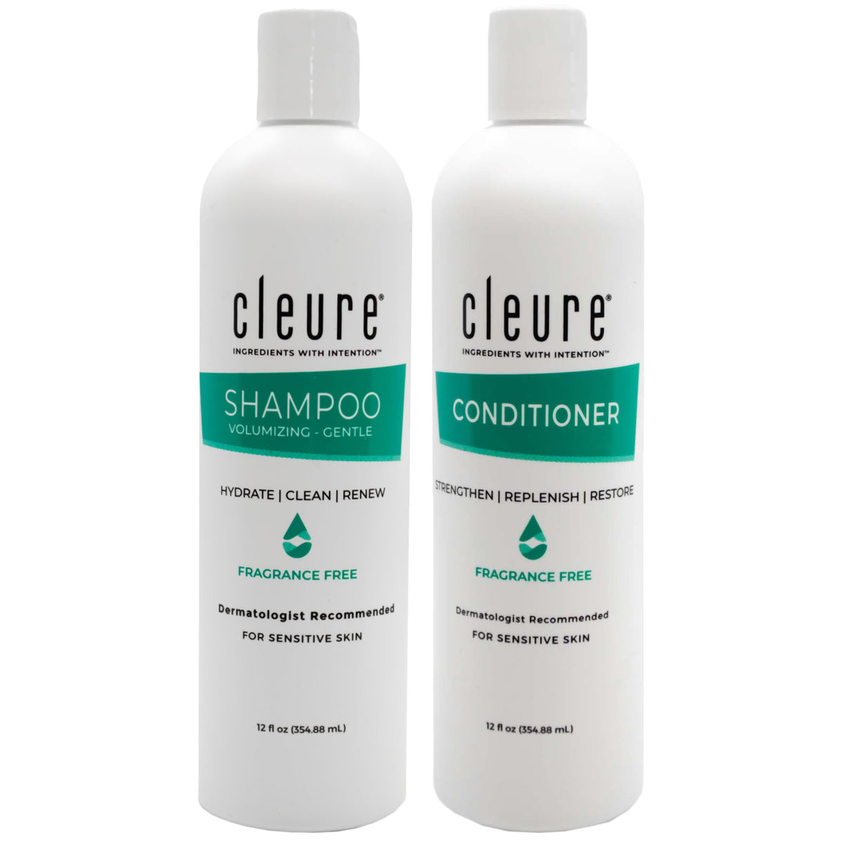 Cleure shampoo bottle pour with fragrance-free formula for sensitive skin.