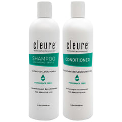 Cleure shampoo bottle pour with fragrance-free formula for sensitive skin.