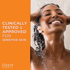 Cleure shampoo on hair strands demonstrates lightweight, moisture-retaining cleanse