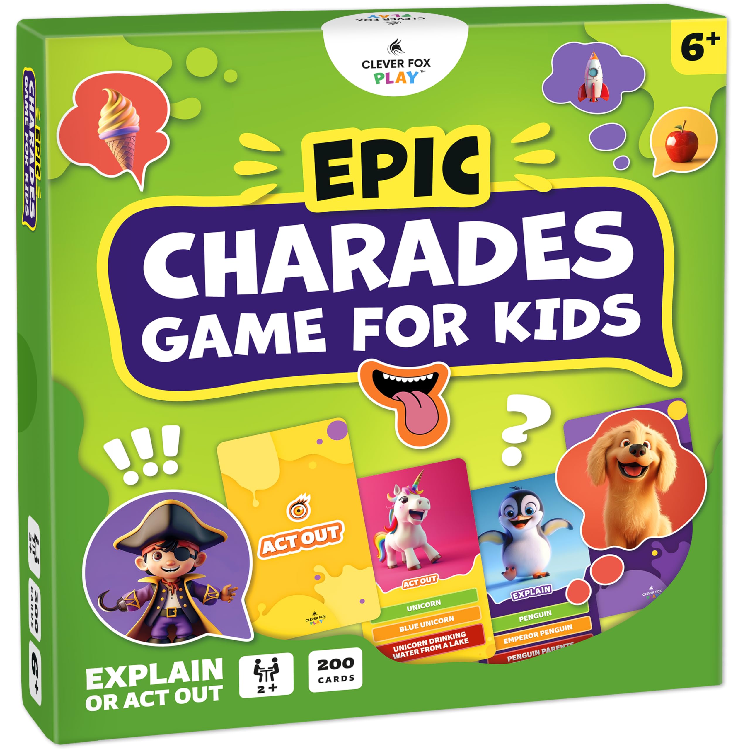 Clever Fox Play Epic Charades card illustrations spark imagination during family game night.