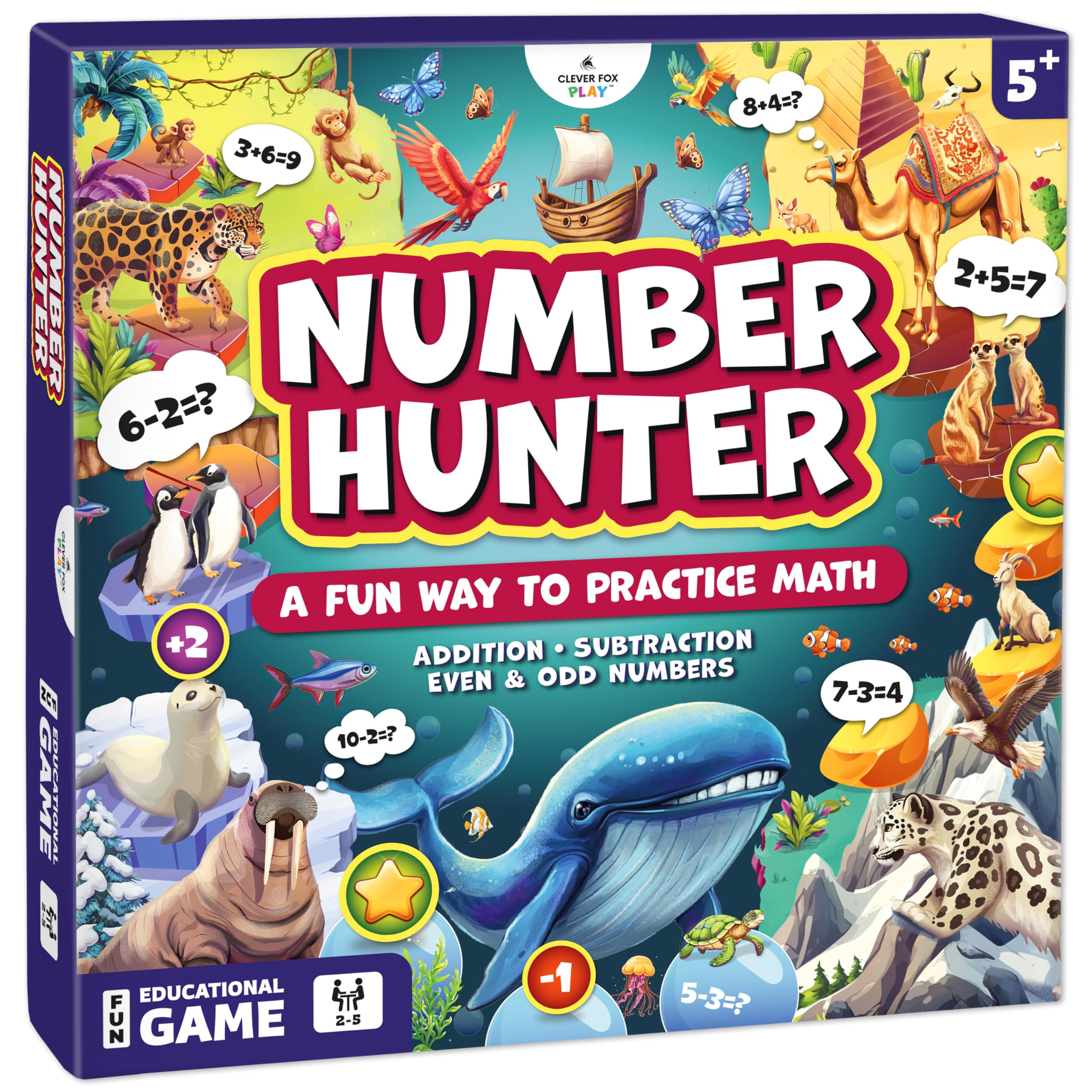 Clever Fox Play Number Hunter board game box showing addition and subtraction learning fun.