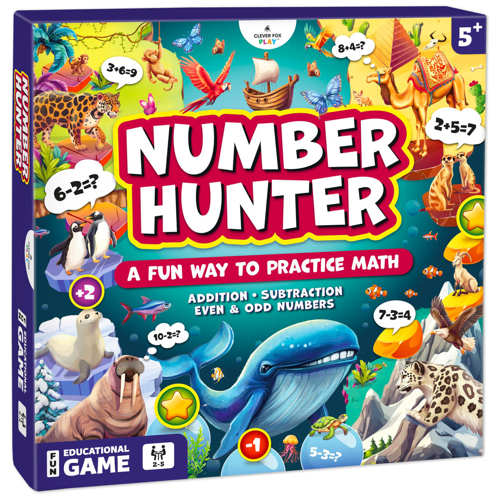 Clever Fox Play Number Hunter board game box showing addition and subtraction learning fun.
