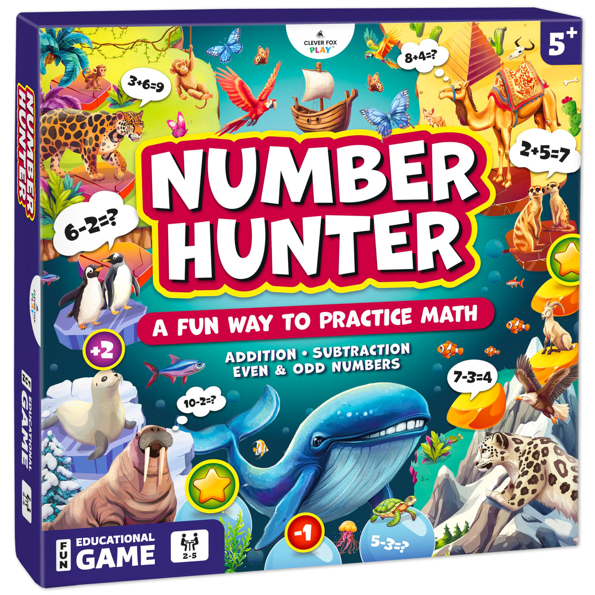 Clever Fox Play Number Hunter board game box showing addition and subtraction learning fun.