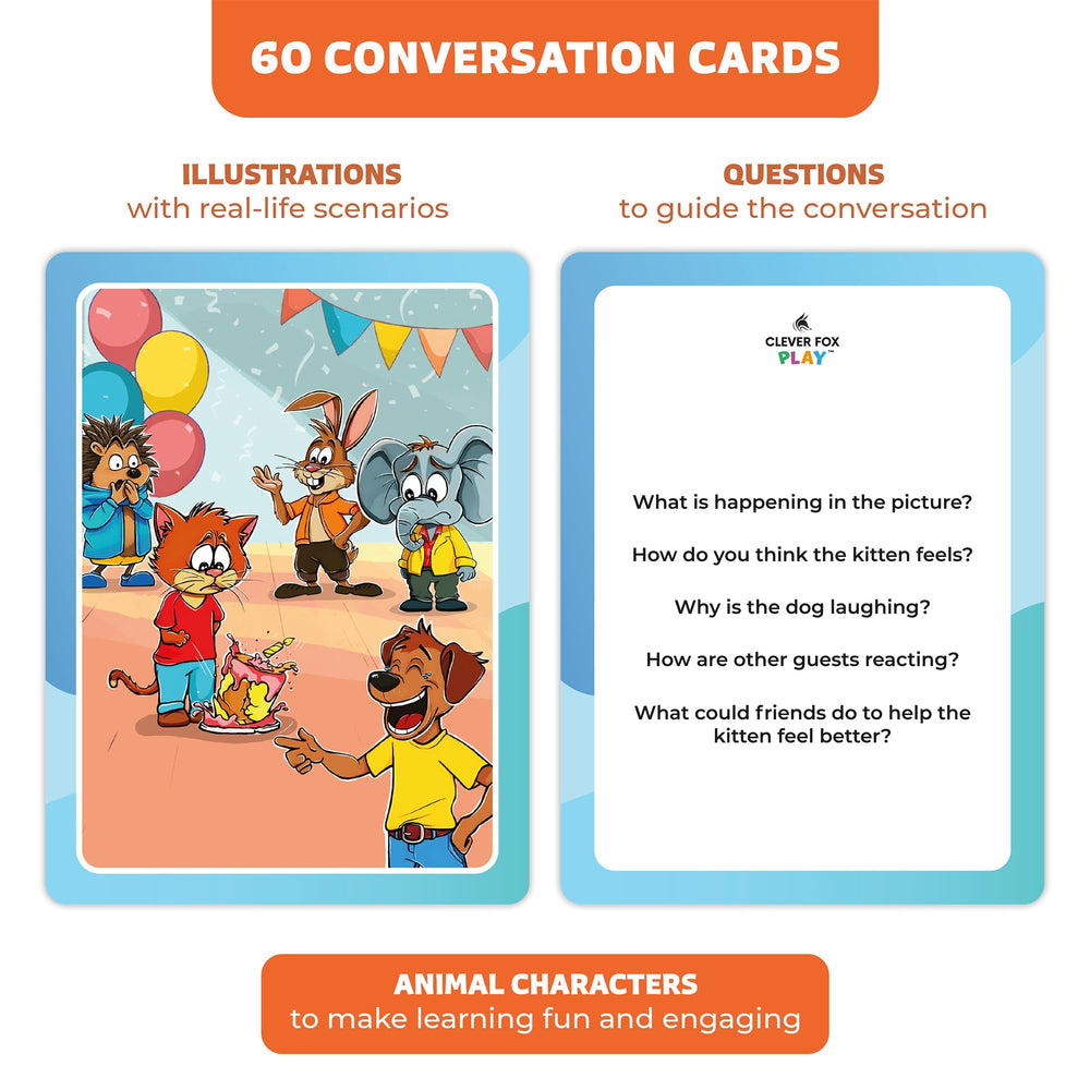 Clever Fox Play Who What Why cards highlight emotions and clues for observation and reasoning.