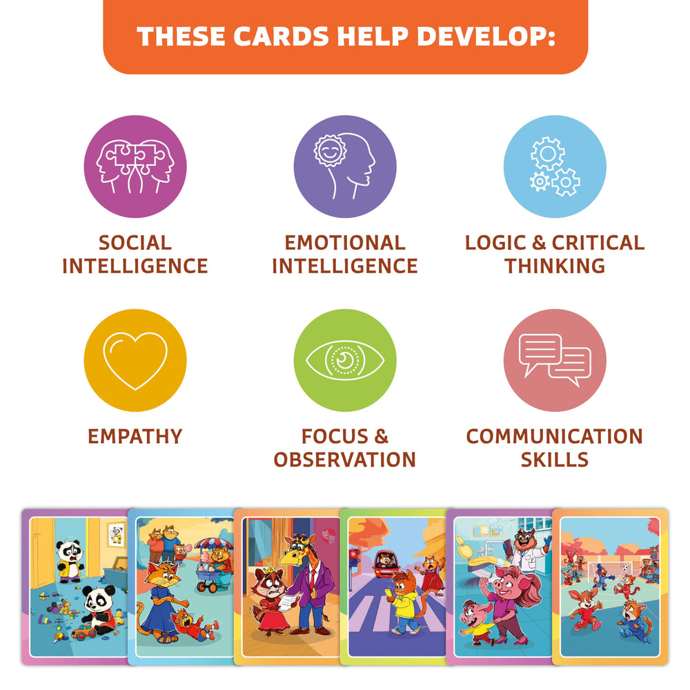 Clever Fox Play Who What Why cards promote sequencing of events and responses.