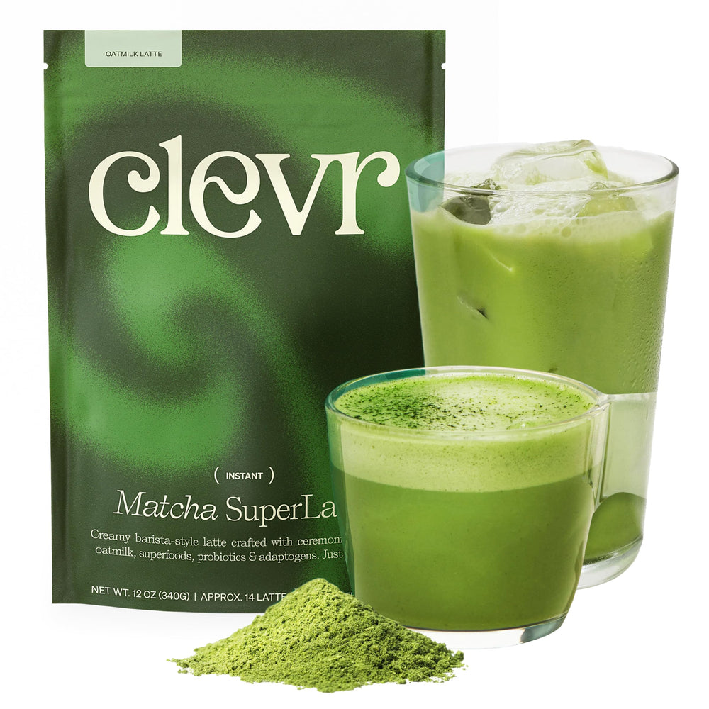 Clevr Matcha SuperLatte packaging tub showing ceremonial-grade formula for easy preparation.