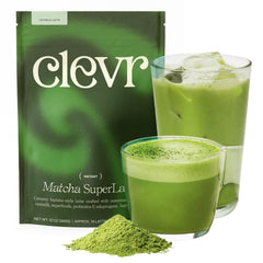 Clevr Matcha SuperLatte packaging tub showing ceremonial-grade formula for easy preparation.
