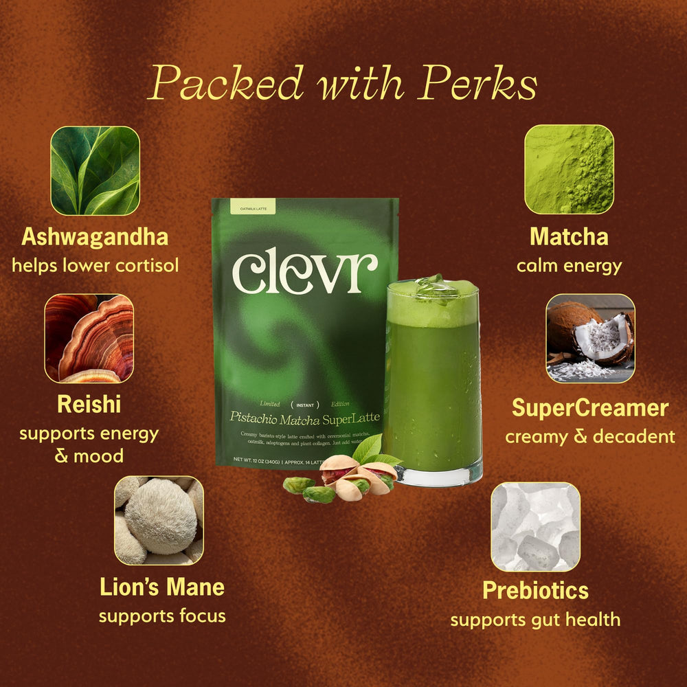 Clevr Pistachio Matcha SuperLatte measuring spoon ready for precise hot or iced drinks.