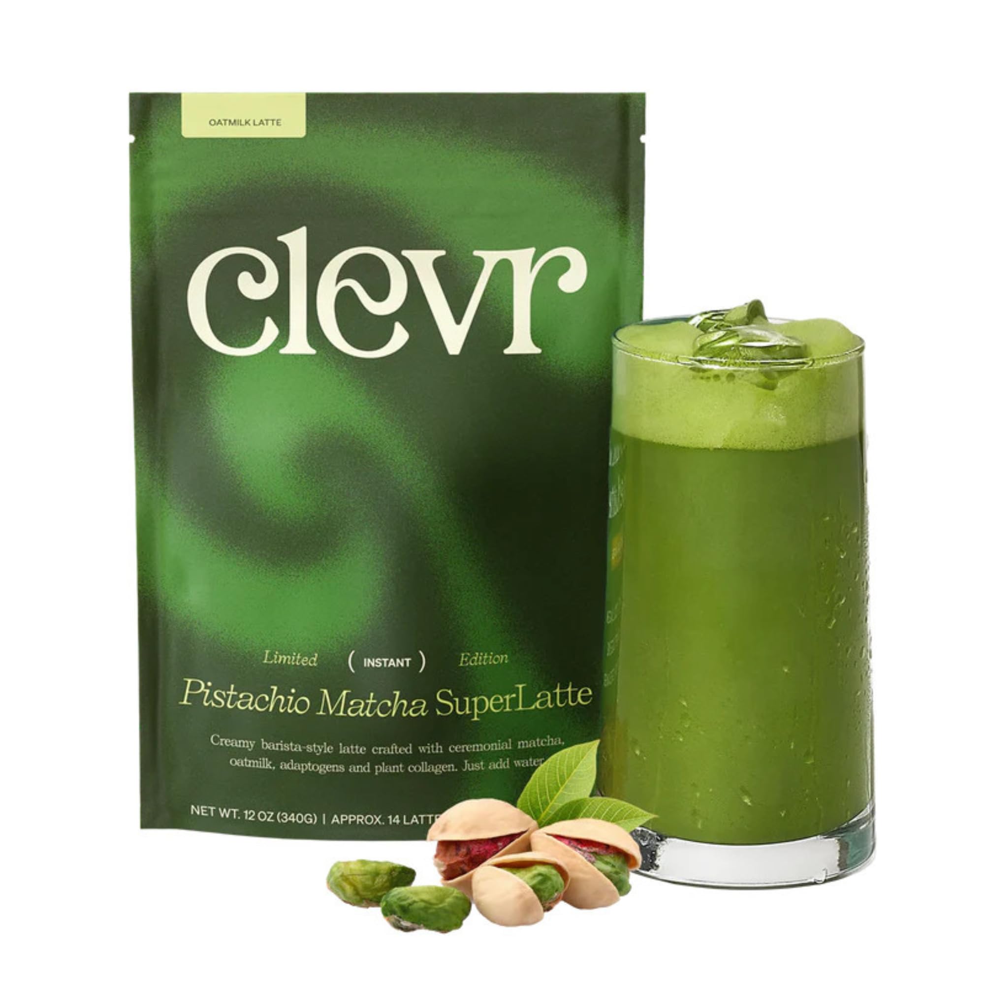 Clevr Pistachio Matcha SuperLatte packaging shows ceremonial-grade blend for steady daily energy.
