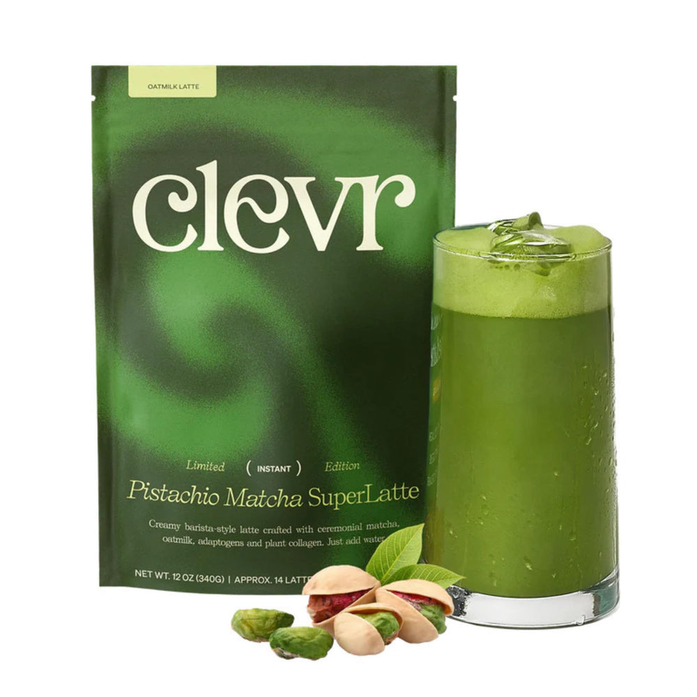 Clevr Pistachio Matcha SuperLatte packaging shows ceremonial-grade blend for steady daily energy.