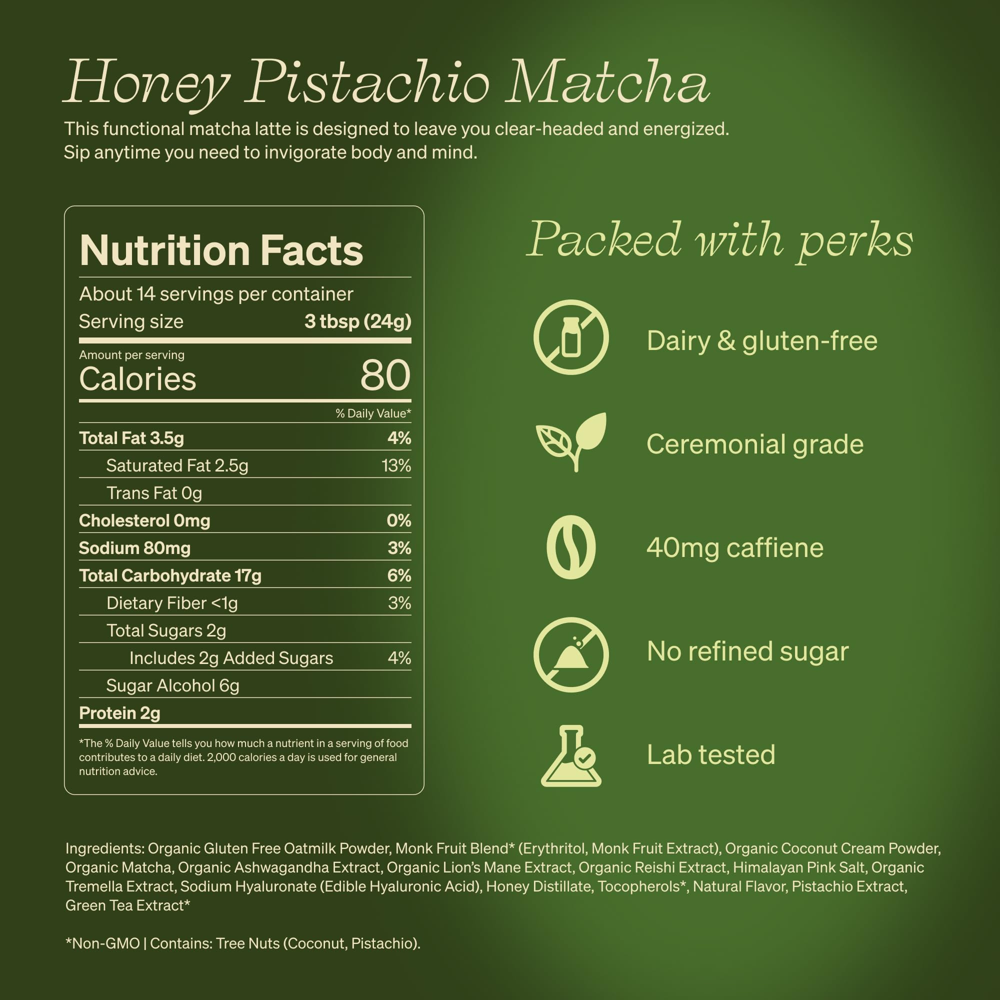 Clevr Pistachio Matcha SuperLatte close-up of powder reveals vibrant green texture for premium lattes.