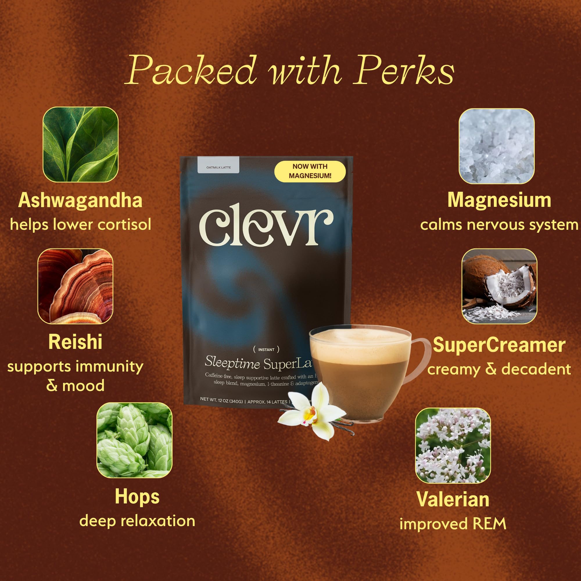 Clevr Sleeptime SuperLatte with ashwagandha and adaptogens in a glass, suggesting balanced evenings.