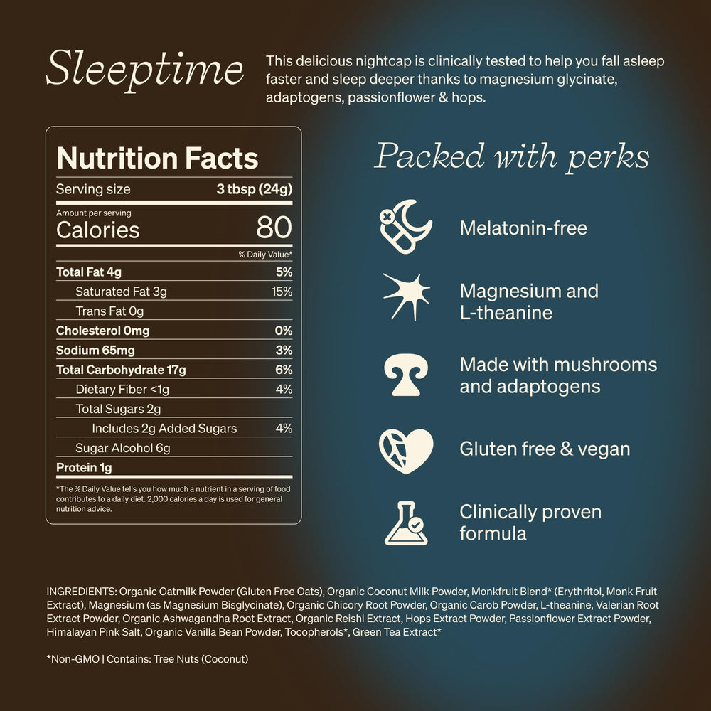 Clevr Sleeptime SuperLatte magnesium bisglycinate powder beside a spoon, promoting relaxation.
