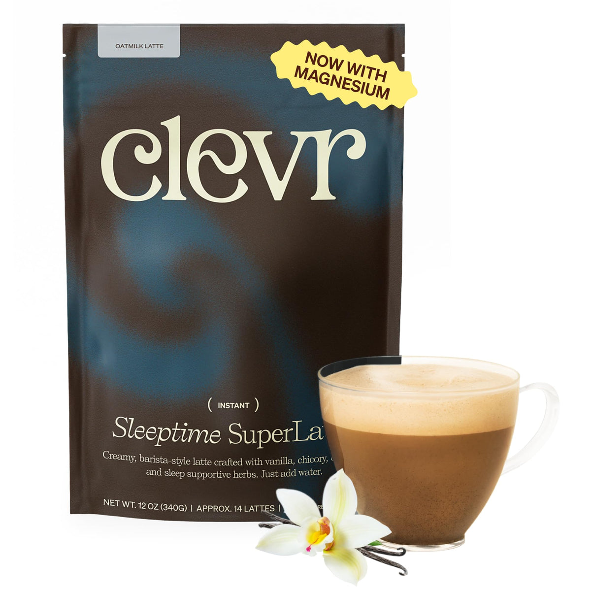 Clevr Sleeptime SuperLatte with vanilla cappuccino flavor in a mug for a calming bedtime ritual.
