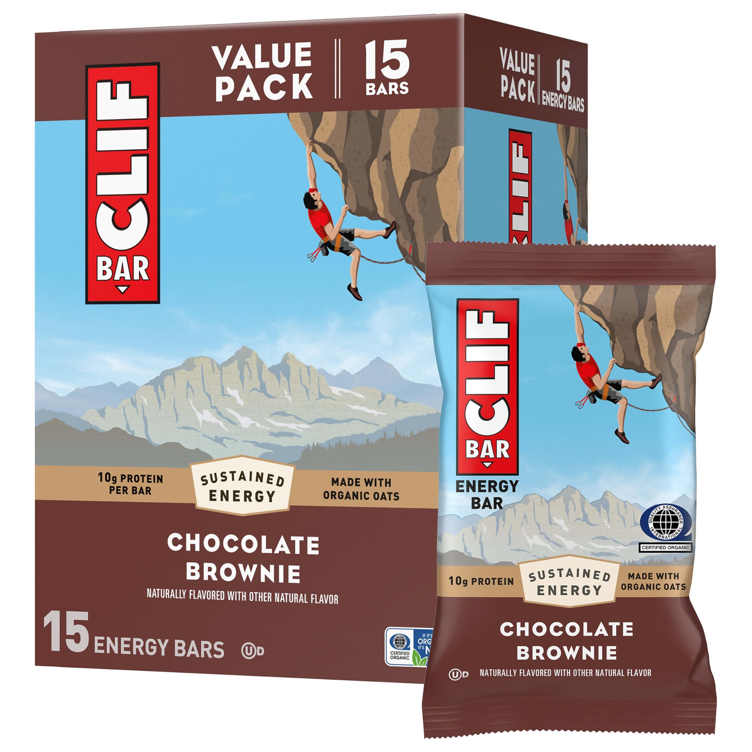 CLIF Bar Chocolate Brownie 15-pack box front, ideal for on-the-go energy during activities.