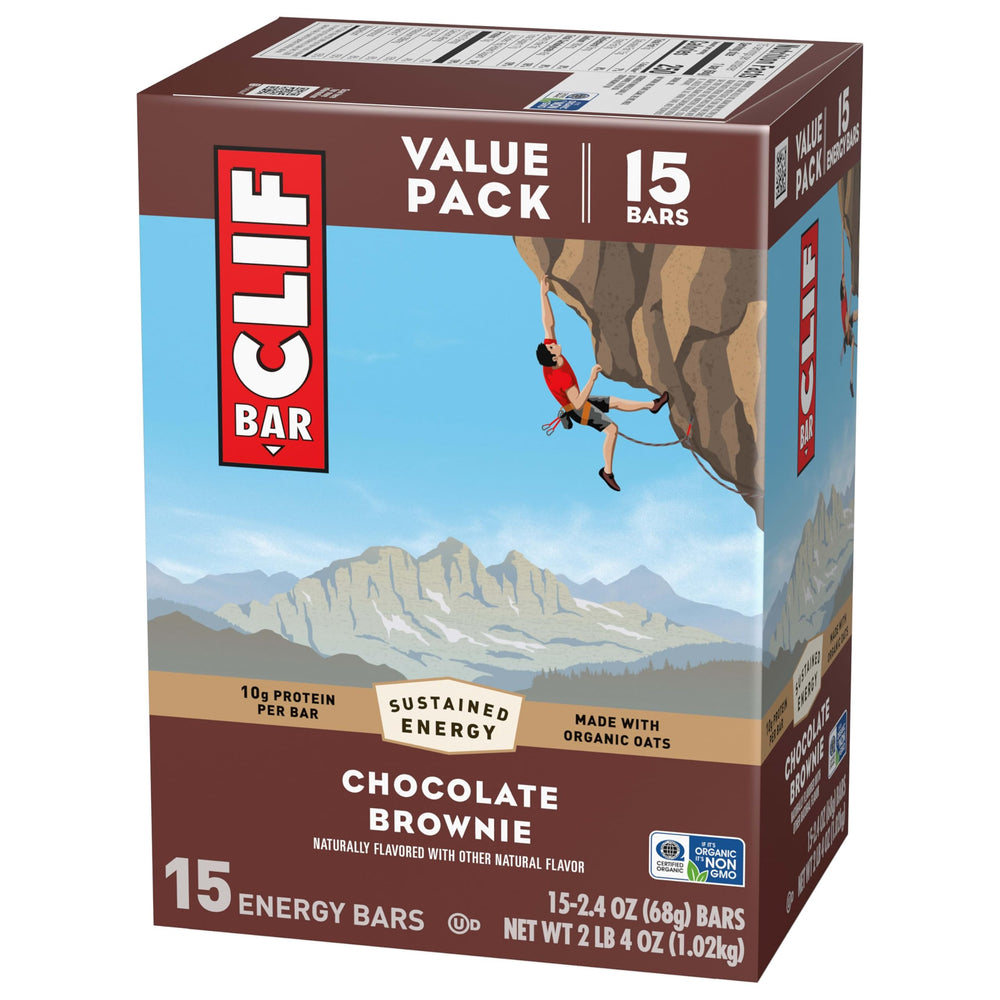 CLIF Bar Chocolate Brownie energy bar in bowl inviting brownie-like flavor.